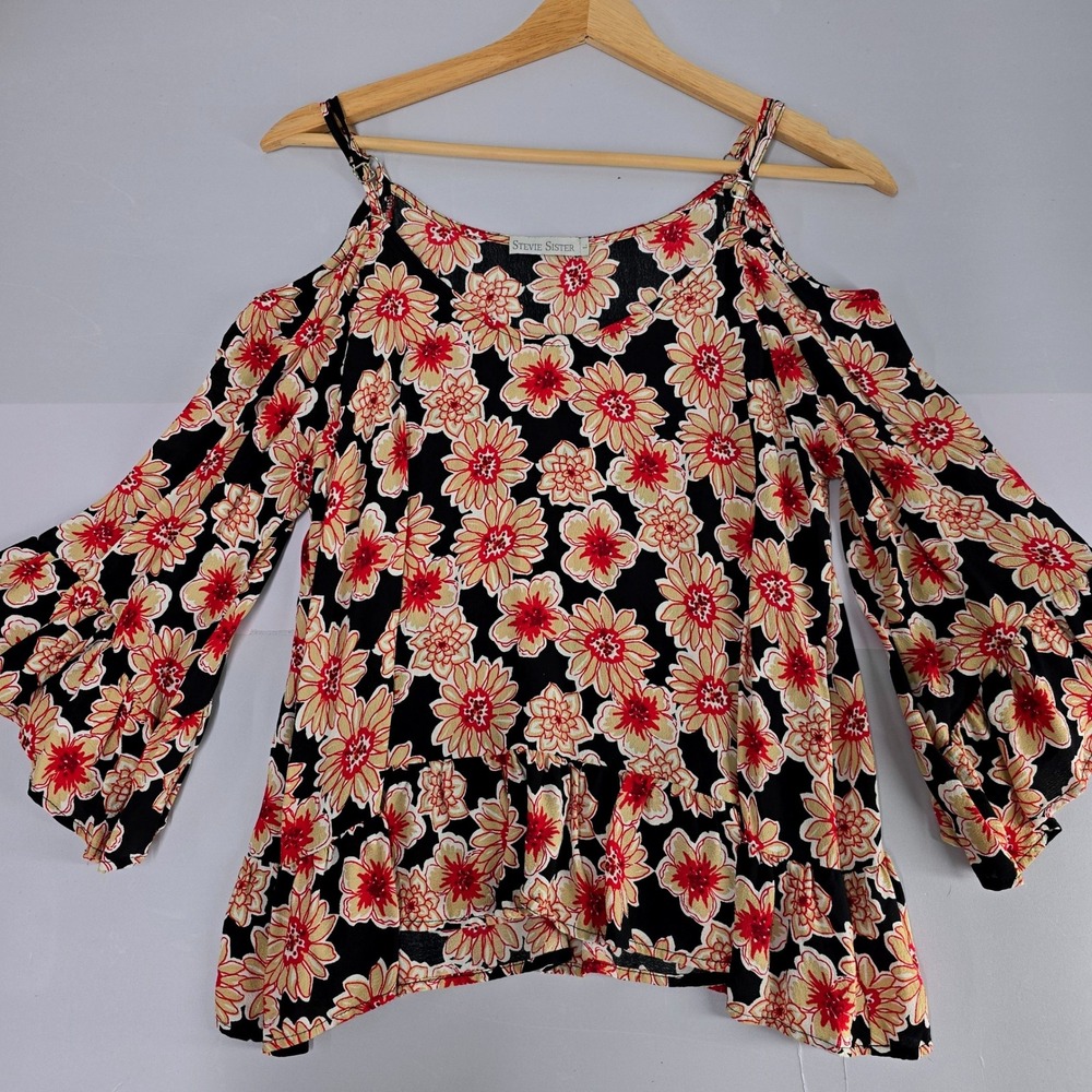 Stevie Sister‎ Cold Shoulder Floral Bell Sleeve Ruffle Hem Top Womens Size L